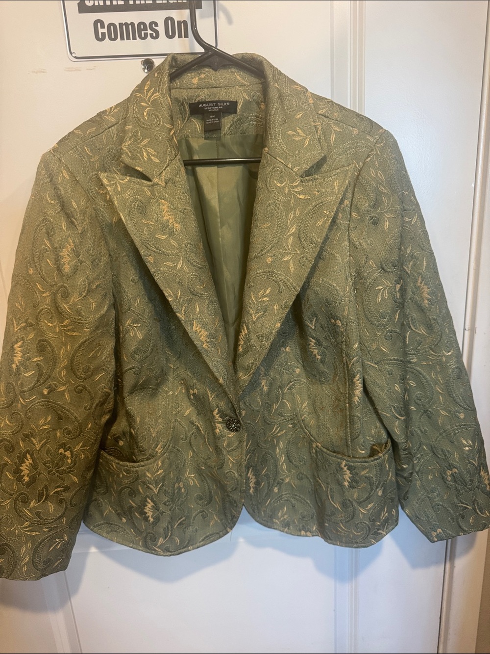august silk olive brocade single-button blazer with gold jacquard